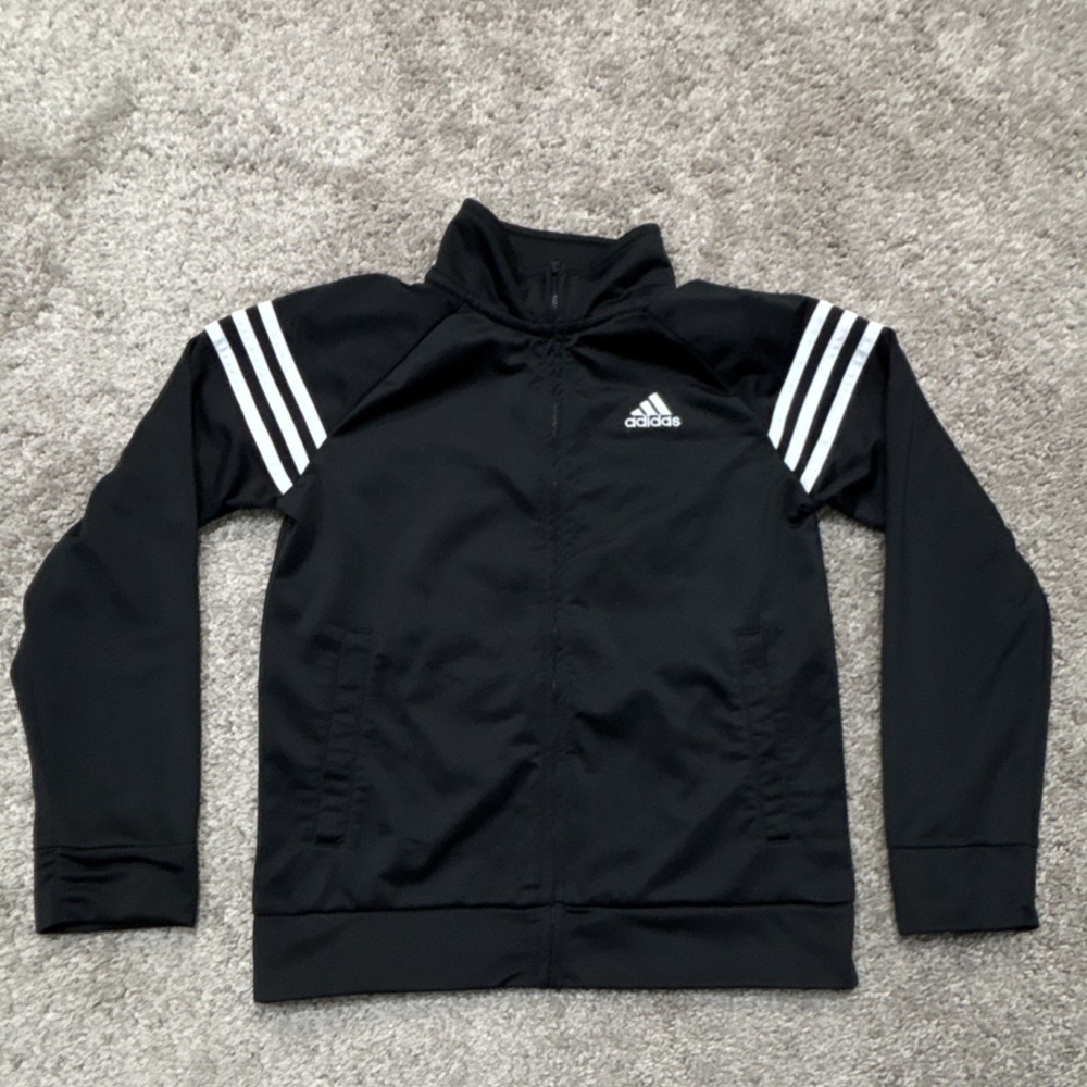 adidas Boys Black Striped Track Jacket Full Zip Size M (10/12) Pockets Trim